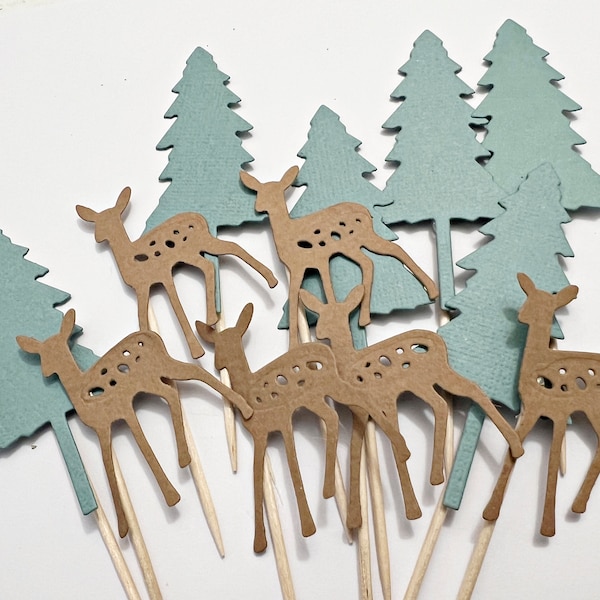 Deer and Pine Trees Cupcake Toppers - Fawn Buck Deer Cupcake Toppers. Woodland Party Decorations. Forest Party Decor Fox Neutral Baby Shower