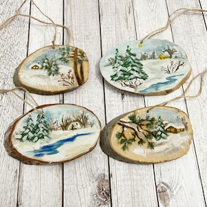 Hand Painted Wooden Christmas Tree Decoration - Christmas Ornament Xmas Gift Hand Painted Wood Slice Woodland Winter Wonderland Winter Scene