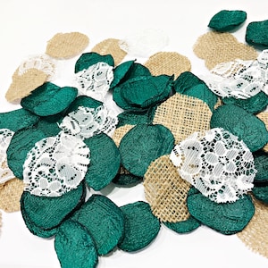 Burlap and Emerald Green Satin Rose Petals. Woodland Forest Wedding Decor Rustic Wedding Table Rose Petals Burlap Wedding Bridal Party Boho