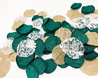 Pétalos de rosa de arpillera, verde esmeralda y encaje: 200 decoraciones rústicas para bodas