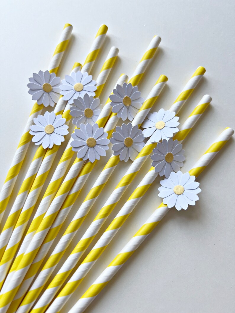 10 Daisy Paper Straws or Cupcake Toppers Two Groovy Daisy Birthday Decorations. Bridal Shower, Wedding, Engagement, Retro Vintage Birthday Yellow Straws