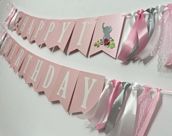 Elephant First Birthday Banner - CUTE Elephant First Birthday Party Decorations. Happy Birthday Banner. Elephant Theme Party Pink 3D Roses