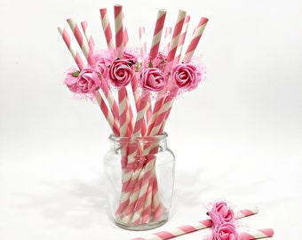 Tea Party Decorations. 10 Flower Paper Straws. Pink Rose Paper Straws. Garden Party Birthday Bridal Shower Baby Shower Hen Party Decorations