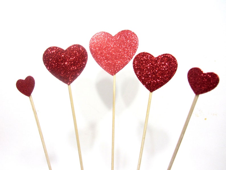 5 Red Glitter Heart Cake Toppers Valentines Day Cake Topper Etsy