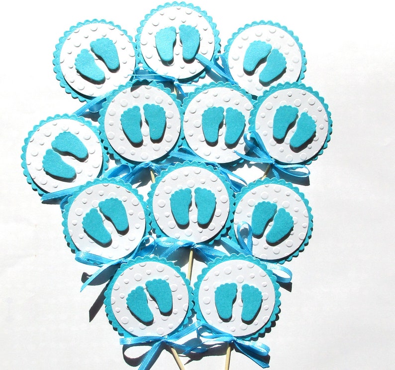 Fußabdruck Cupcake Toppers, Fußabdruck Baby Shower. Baby Girl oder Baby Boy Fußabdruck Cupcake Toppers Baby Shower Dekoration Gender Reveal Party Aqua