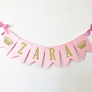 Princess NAME Banner Princess CROWN Banner. Personalized Name Banner Girl 1 st Birthday Pink Gold Birthday Party Decorations. Baby Shower image 2