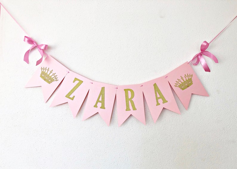 Princess NAME Banner Princess CROWN Banner. Personalized Name Banner Girl 1 st Birthday Pink Gold Birthday Party Decorations. Baby Shower image 2