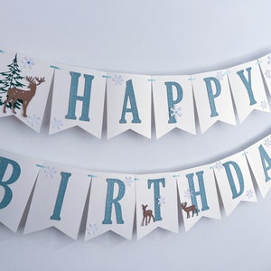 Winter Wonderland Happy Birthday Banner Forest Woodland Banner. NEUTRAL Winter Onederland Happy Birthday Banner. Snowflake Birthday Banner zdjęcie 1