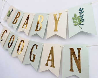 Greenery Baby Shower Banner - Mint & Gold, Gender Neutral