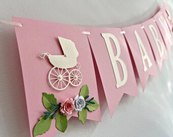 Floral Baby Shower Banner - Baby in Bloom. Baby Carriage Baby Stroller Shower. Welcome Baby Banner Baby Pram Gender Reveal Party Decorations