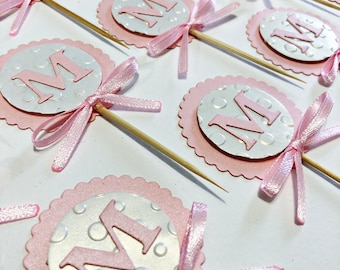 Initial Letter Cupcake Toppers, Baby Shower Cupcake Toppers, Baby Girl Shower Decoration, Initial Letter Party Picks, Girl First Birthday.