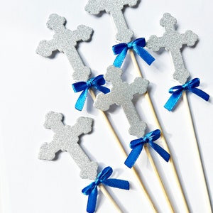 Set of 3 Glitter Cross Baptism Centerpieces Glitter Cross with Bow. Christening Baptism Decorations Cross Floral Picks Stick Centerpieces image 3