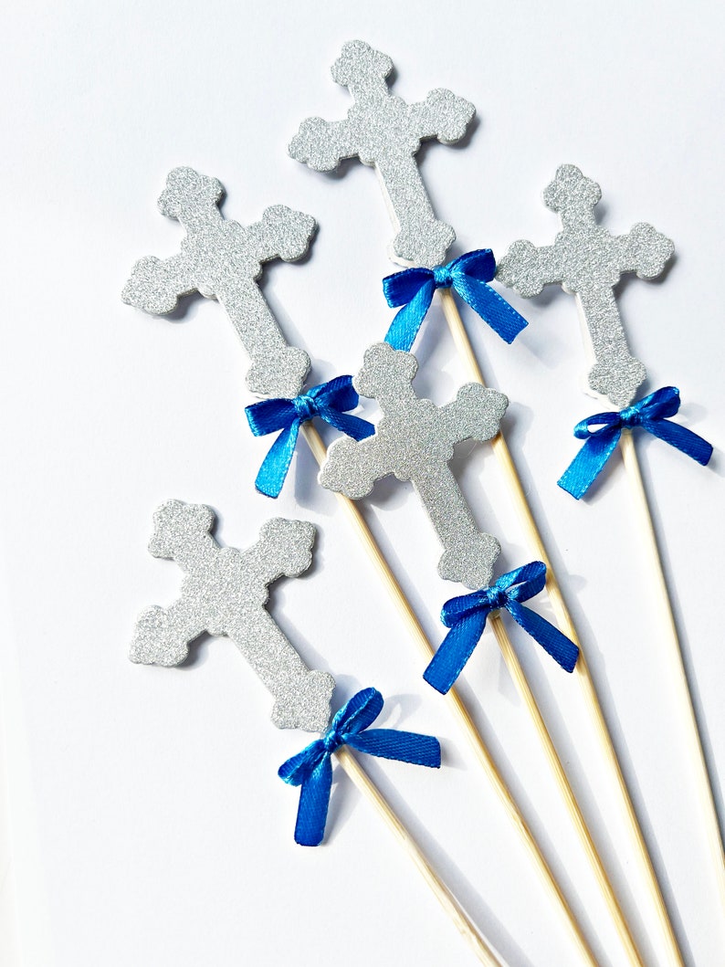 Set of 3 Glitter Cross Baptism Centerpieces Glitter Cross with Bow. Christening Baptism Decorations Cross Floral Picks Stick Centerpieces image 3