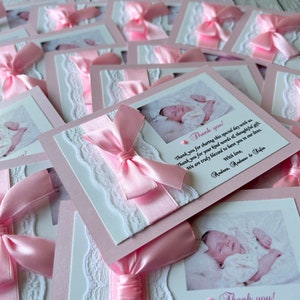 Pink Baptism Thank You Card Custom Photo Religious Thank You. Bow Lace Photo Thanks. Baptism, Christening Girl, First Communion Thank You image 2