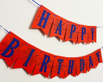 Banner di buon compleanno per ragazzo - Decorazioni per feste a forma di ragno. Decorazioni per feste a tema ragno. Festa di compleanno dell'eroe. Banner di compleanno per ragazzo Banner con nome personalizzato