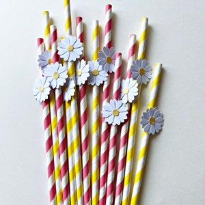 10 Daisy Paper Straws or Cupcake Toppers - Two Groovy Daisy Birthday Decorations. Bridal Shower, Wedding, Engagement, Retro Vintage Birthday