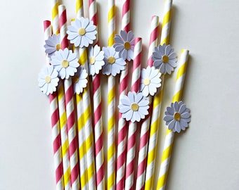 Daisy Paper Straws - Retro Party Decorations, Set of 10