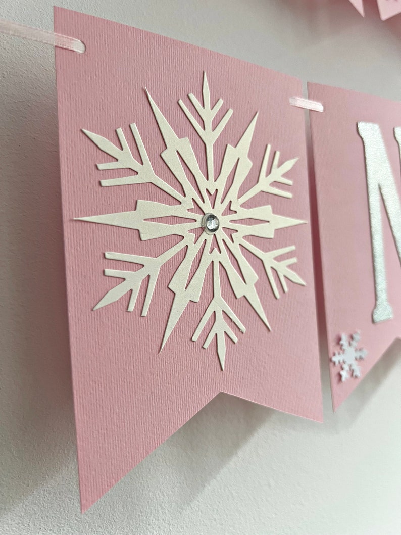 WINTER ONEDERLAND Banner Snowflake Happy Birthday Banner. Girl 1st Birthday Decorations Snowflake Baby Shower Christmas Table Decor Frozen image 3