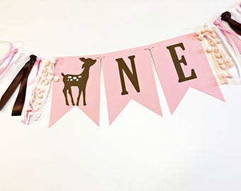 Deer ONE High Chair Banner - Pink Woodland 1st Birthday. Little ONEderful Party Decor