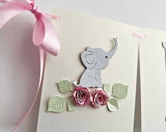 Elefantbabyshowerbanderoll – Rosa rosor, personligt namn