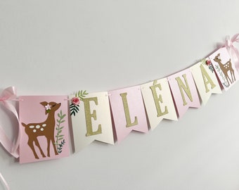 DEER NAME Banner - Custom Little Deer Banner. Fawn Floral Baby Shower, Baptism, First Birthday Party Decorations. Woodland Party - Girl, Boy