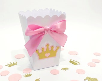Princess Party Favors, MINI Pink & Gold Popcorn Boxes, Glitter Tiara Crown, Girls Birthday, Baby Shower Decor, Dessert Table Supply