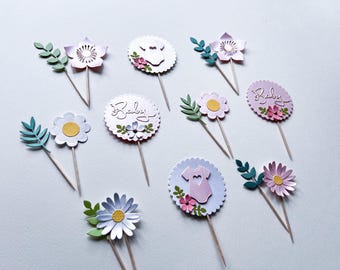 Adornos para cupcakes de baby shower con flores silvestres - Palillos florales para alimentos, Una pequeña flor silvestre está en camino. Fiesta en el jardín de flores, Baby shower de niña
