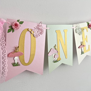Fairy ONE Highchair Banner - Girl 1st Birthday, Pink Mushroom Butterfly Party Decor
