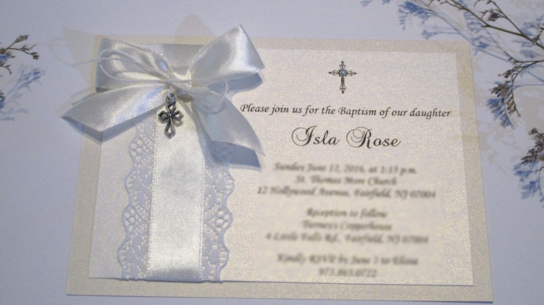 Ivory Baptism Invitation. Cross Charm Invite. Silver cross invitation. Girl baptism invitation. First holy communion. Christening Invitation image 3