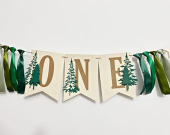 Woodland Highchair ONE Banner - Forest Pine Trees Firth Birthday