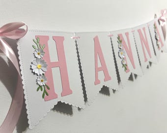 Custom Daisy Name Banner, Floral Baby Shower Garland, Floral Nursery Decor