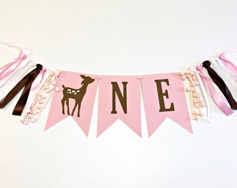 Bambi high chair banner - Little deer 1st birthday banner, Pink party decor ONE birthday banner Bambi banner Girl First Birthday Cake Smash