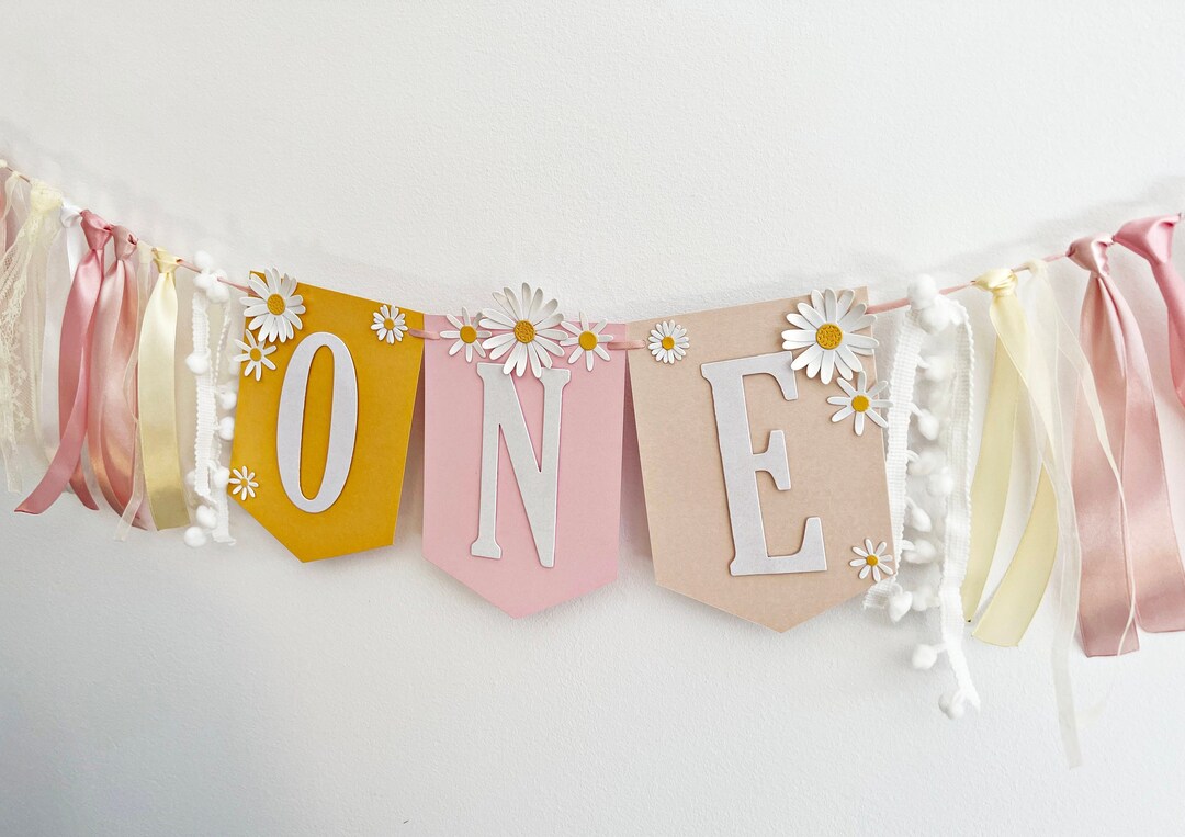 Daisy One High Chair Banner - ONE Groovy Birthday Banner. Flower Power ...