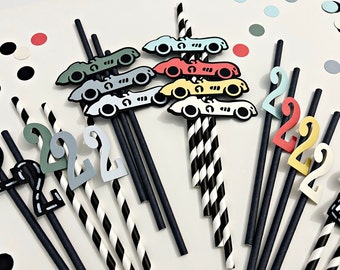 Decorazioni per feste per auto da corsa vintage - Cannucce per feste per auto da corsa, cannucce di carta per auto Due feste a tema corse veloci per compleanni veloci. Ragazzo 2° compleanno