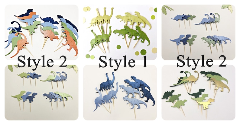 May include: Three sets of dinosaur cupcake toppers in different styles. The first set is green and yellow, the second set is blue and green, and the third set is green, blue, and gold. Each set has a variety of dinosaur shapes and sizes.