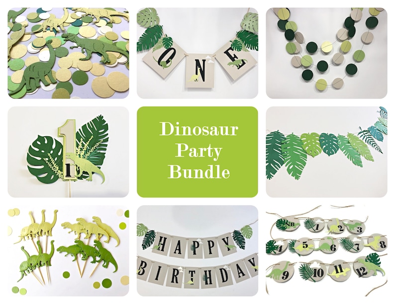 May include: A dinosaur party bundle with green and gold decorations. The bundle includes a banner that says "Happy Birthday", a garland with green leaves, a garland with green and gold circles, a cake topper with a number one and a dinosaur, and dinosaur cupcake toppers.