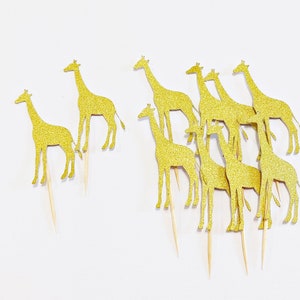 10 Giraffe Cupcake Toppers - Giraffe Birthday Party Decorations, Giraffe Baby Shower Decor Gold Safari Decorations Gold Glitter Safari Decor