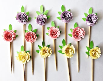 Rose Cupcake Toppers - Floral Birthday Flower Cupcake Toppers. Tea Party Cupcake Toppers Paper Flower Cupcake Topper Food Picks Garden Party