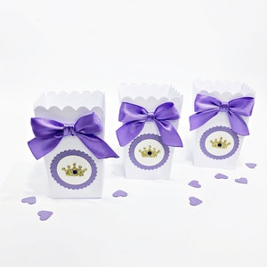 Purple Princess Party Favors - MINI Popcorn Boxes, Princess Sofia, Glitter Tiara Crown Girl Birthday, Baby Shower Decor Dessert Table Supply