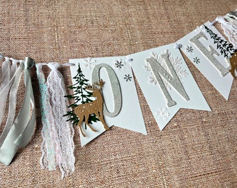 Décorations de fête pour le premier anniversaire du pays des merveilles de l'hiver - bannière flocon de neige pour chaise haute, premier anniversaire de la forêt, accessoire photo d'hiver ONEderland de Oh Deer