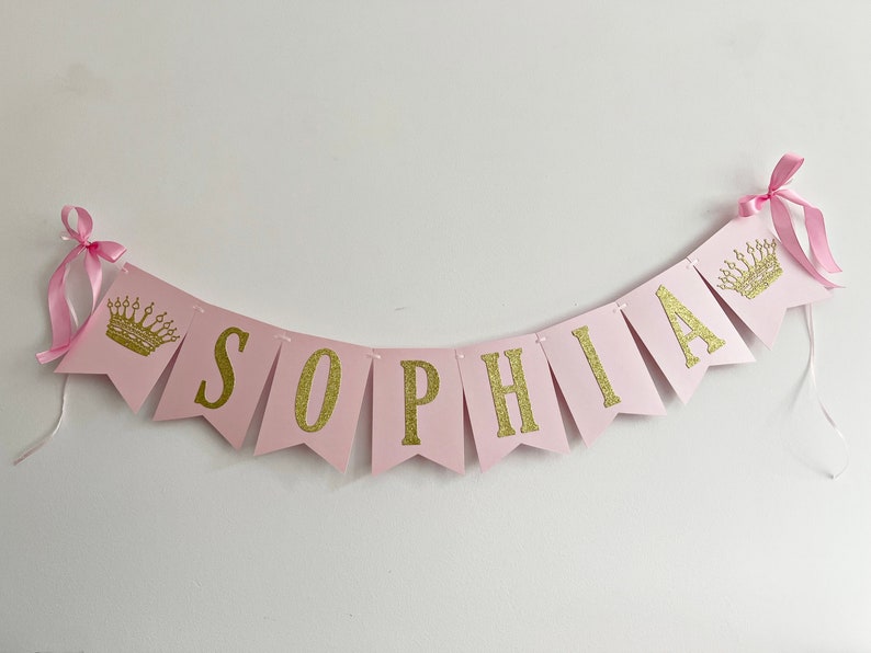 Princess NAME Banner Princess CROWN Banner. Personalized Name Banner Girl 1 st Birthday Pink Gold Birthday Party Decorations. Baby Shower image 5