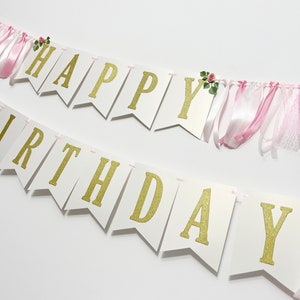 Floral Happy Birthday Banner Pink & Gold Silver 1st Birthday Decorations. Floral Birthday Banner Cake Smash Photo Flower Theme Party Decor image 3