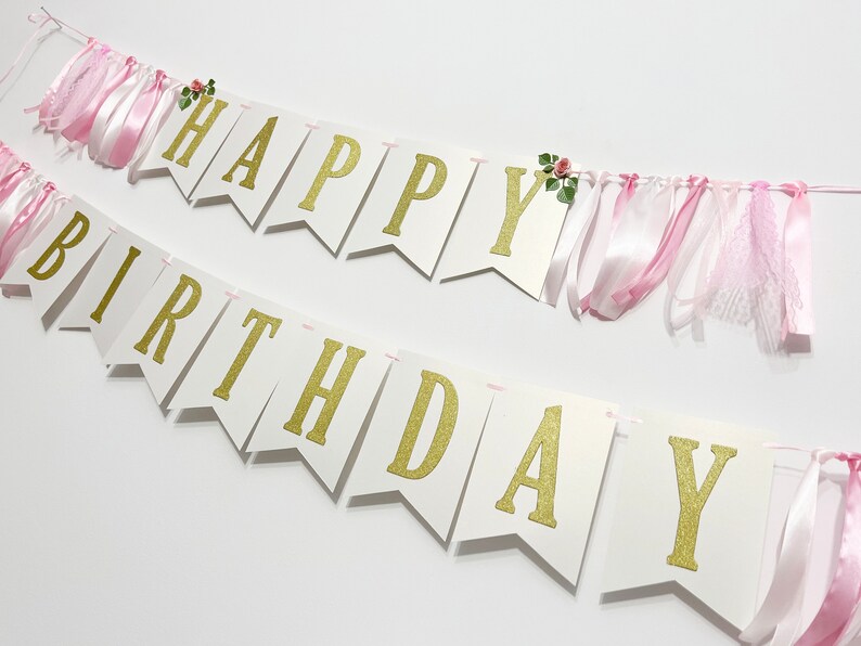 Floral Happy Birthday Banner Pink & Gold Silver 1st Birthday Decorations. Floral Birthday Banner Cake Smash Photo Flower Theme Party Decor image 3