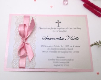 Pink Bow and Lace Baptism Invitation, Mi bautizo, Christening Invitation Girl, First Holy Communion Invitation Spanish Baptism Lace & Bow