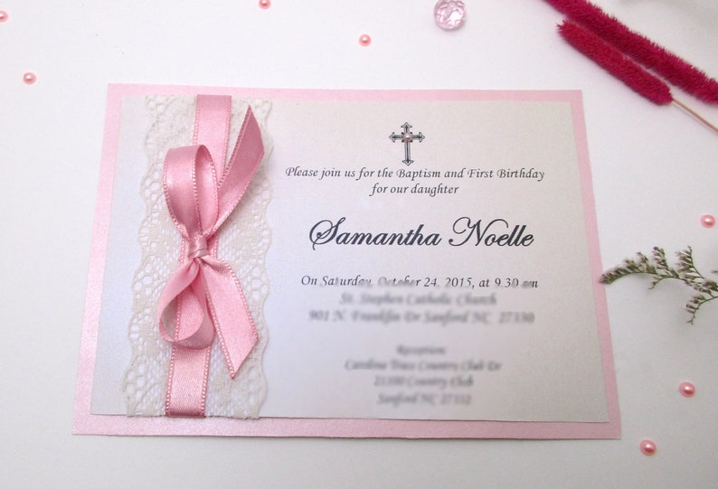 Pink Bow and Lace Baptism Invitation, Mi bautizo, Christening Invitation Girl, First Holy Communion Invitation Spanish Baptism Lace & Bow image 1