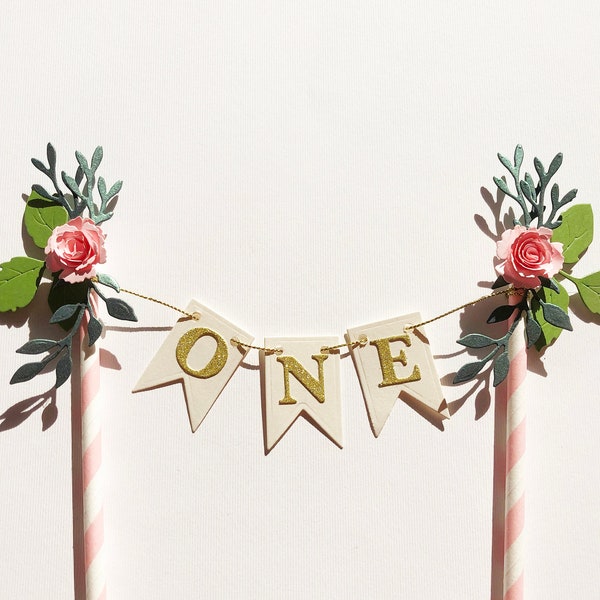 BOHO Floral Cake Topper - Flower First  Birthday Party Decorations, Floral ONE Cake Bunting Floral Cake Toppers 1st Birthday Decorations