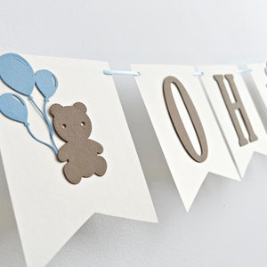 Decorazioni per baby shower a tema orso - Banner per baby shower a tema orso con palloncino. Striscione &quot;Maledetto ragazzo!&quot;. È una festa per rivelare il sesso del bambino o della bambina, non vediamo l&#39;ora.