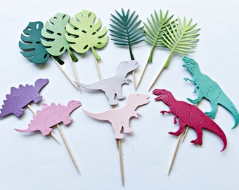 12 adornos para cupcakes de dinosaurios para niñas: decoraciones para fiestas de cumpleaños de dinosaurios para niñas. Adornos para cupcakes de animales de la jungla con temática de dinosaurios. Decoración para fiestas de dinosaurios para niñas