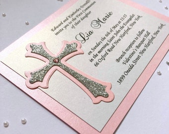Pink and Silver First Holy Communion Invitations Girl Baptism Invitation Christening Invitation Dedication Blessing Baby Christening Invites