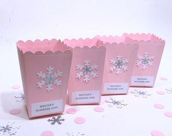 Pudełko na upominki na imprezę „Zimowa Kraina Czarów” – MINI pudełka na popcorn z brokatowym płatkiem śniegu, zimowe pudełka na upominki urodzinowe, upominki na imprezę, zimowy baby shower